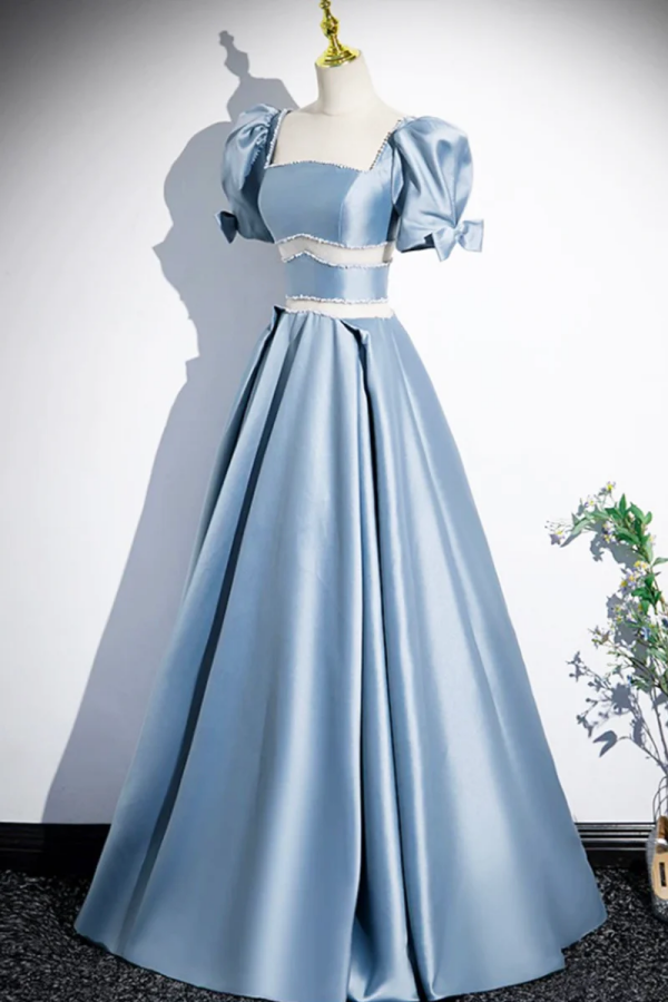 Blue Satin Long A-Line Prom Dress, Simple Blue Short Sleeve Evening Dress