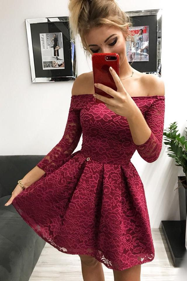 Red long store sleeve homecoming dresses