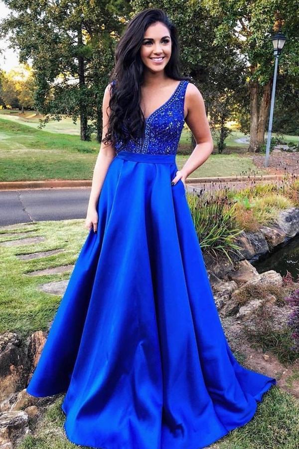 A Line V Neck Royal Blue/Yellow Satin Long Prom Dresses with Side Slit –  abcprom