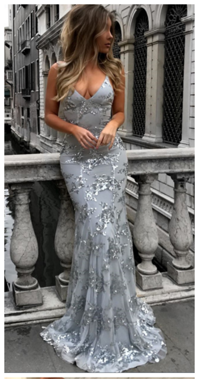 FancyVestido Mermaid V-Neck Silver Long Prom Dress with Open Back US 10 / Picture Color