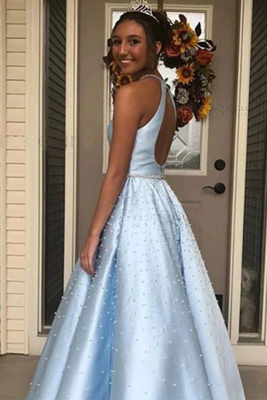 Jewel Beading Bodice Sparkle Light Blue Tulle Prom Dress with Short Sleeves  PD1754