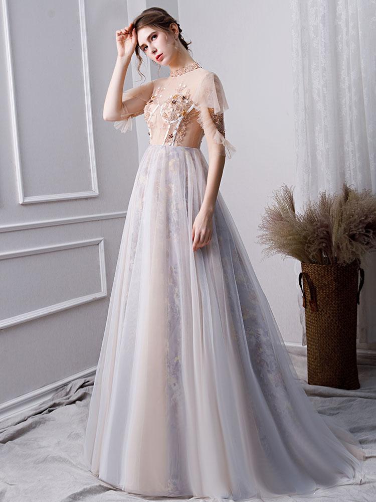 Prom Dress Light Gray Lace Illusion Neckline Ball Gown Short Sleeves  Ruffles Pageant Dresses - Milanoo.com