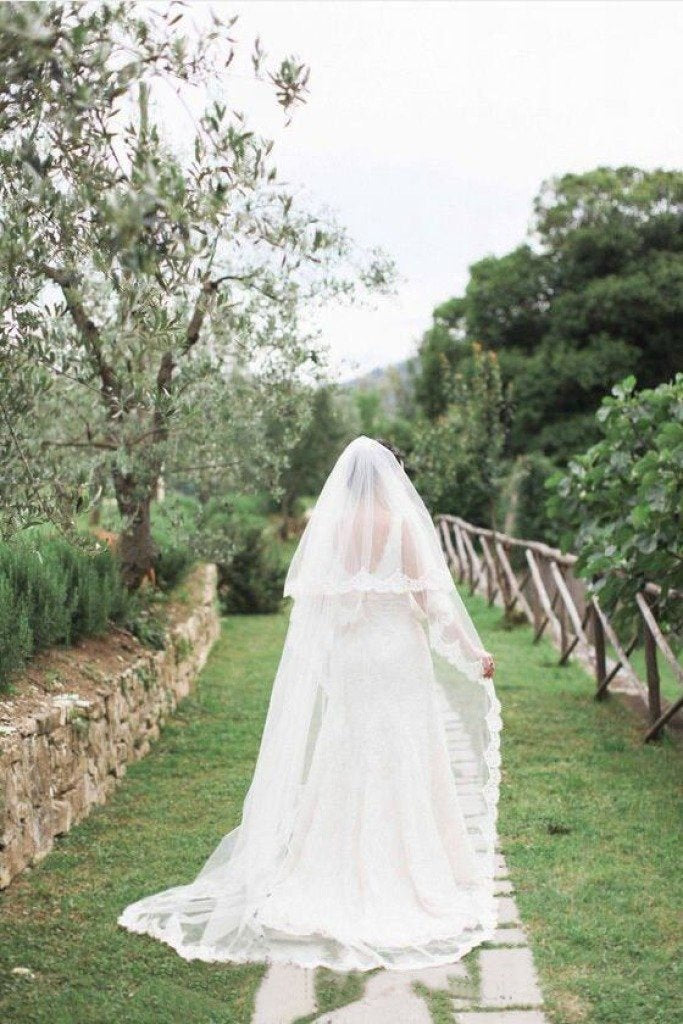 CATHEDRAL ALENCON LACE VEIL IN TWO TIER WITH BLUSHER, TWO LAYERS