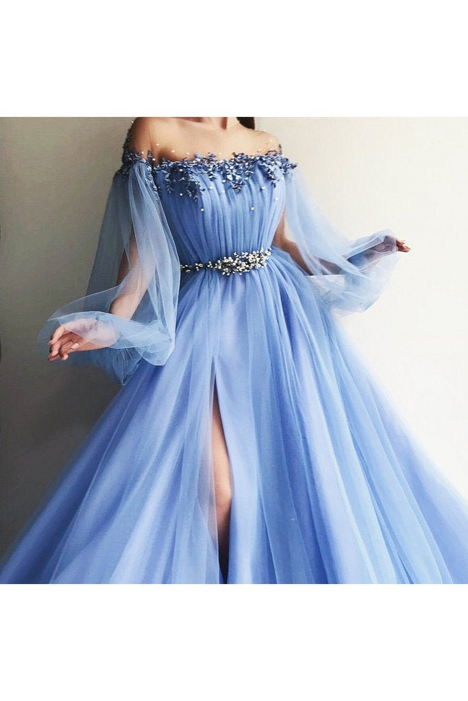 off shoulder elegant blue gown