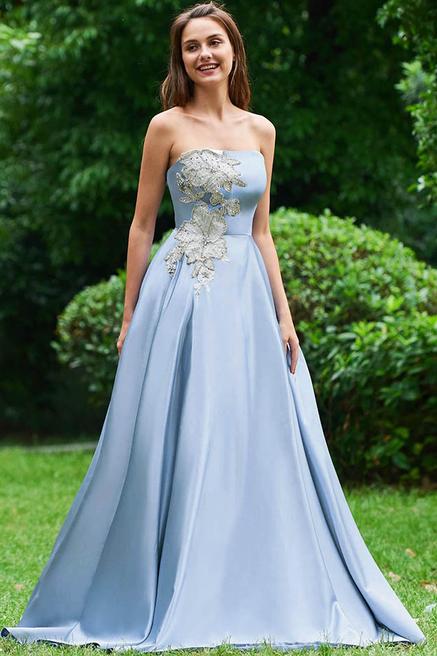 Chic A-line Strapless Light Sky Blue Satin Long Prom Dresses Cheap Evening  Dress CBD275