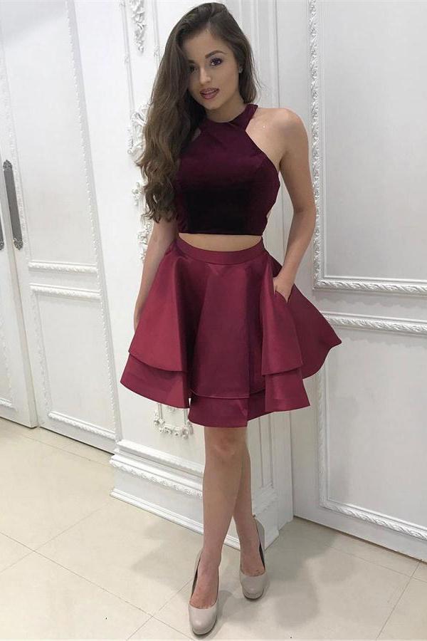 burgundy 2 piece prom dress