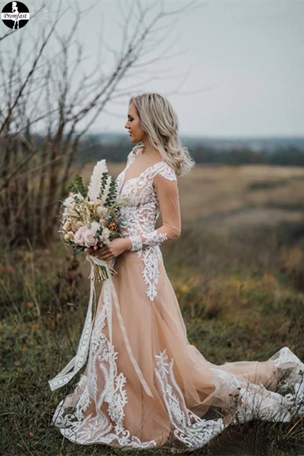 Nude Tulle & Lace Long Sleeve Boho A-line Wedding Gown - VQ