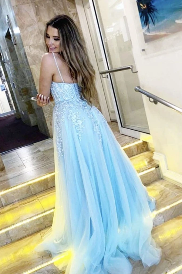 Elegant A-line Long Baby Blue Straps V-Neck Lace Prom Dress