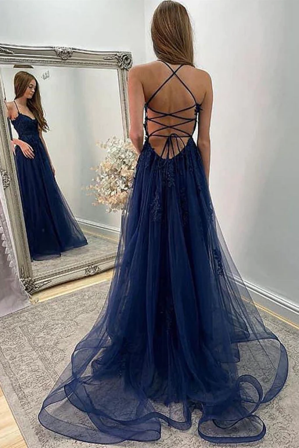 Dusty Blue A-line Spaghetti Strap Lace Prom Dress