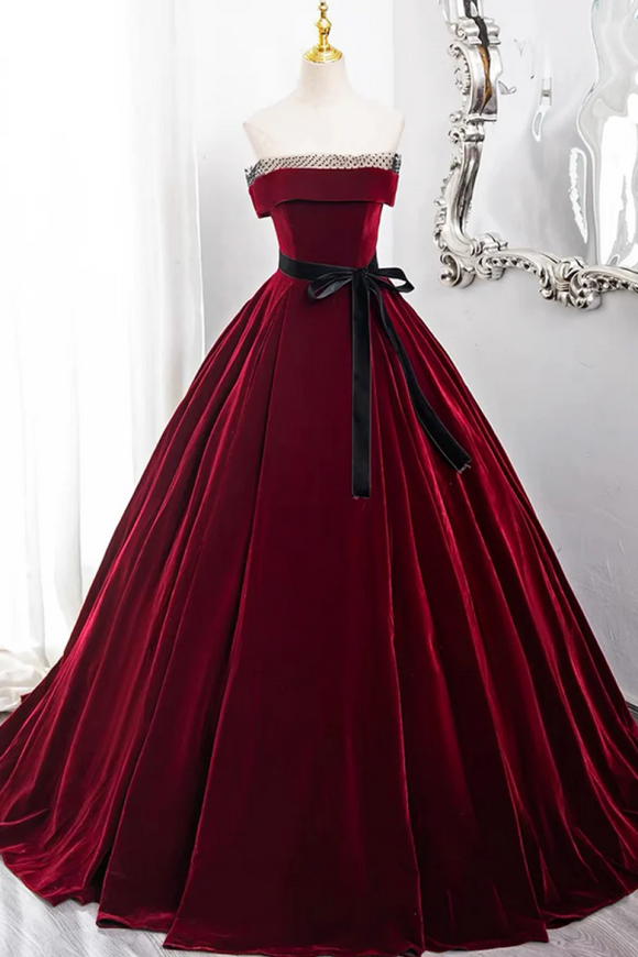 Burgundy Velvet Long Formal Dress, Off the Shoulder Evening Party Dress PFP2709