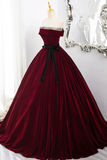 Burgundy Velvet Long Formal Dress, Off the Shoulder Evening Party Dress PFP2709