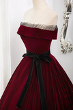 Burgundy Velvet Long Formal Dress, Off the Shoulder Evening Party Dress PFP2709