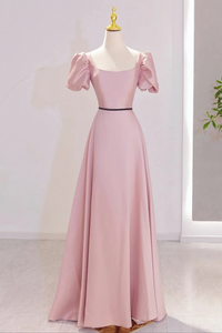 Pink Satin Short Sleeves A Line Party Dress, Pink Satin Prom Dress PFP2711