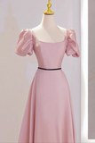 Pink Satin Short Sleeves A Line Party Dress, Pink Satin Prom Dress PFP2711