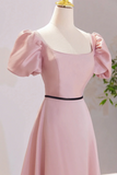 Pink Satin Short Sleeves A Line Party Dress, Pink Satin Prom Dress PFP2711