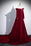 A Line Wine Red Velvet Long Sleeves Low Back Prom Dress, Party Dress PFP2715