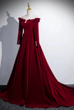 A Line Wine Red Velvet Long Sleeves Low Back Prom Dress, Party Dress PFP2715