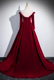 A Line Wine Red Velvet Long Sleeves Low Back Prom Dress, Party Dress PFP2715