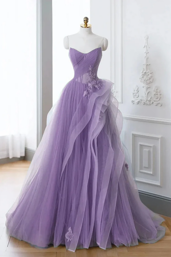 Lovely Purple A Line Tulle with Lace Applique Prom Dress, Long Formal Dress PFP2716