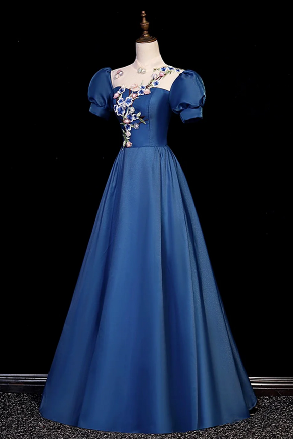 Elegant Blue Tulle Lace Long Prom Dress, Blue High Neck A Line Evening Dress PFP2718