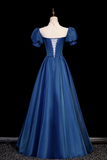 Elegant Blue Tulle Lace Long Prom Dress, Blue High Neck A Line Evening Dress PFP2718