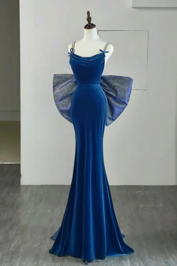 Mermaid Velvet Blue Long Prom Dress, Mermaid Long Formal Dress PFP2720