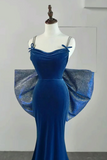 Mermaid Velvet Blue Long Prom Dress, Mermaid Long Formal Dress PFP2720