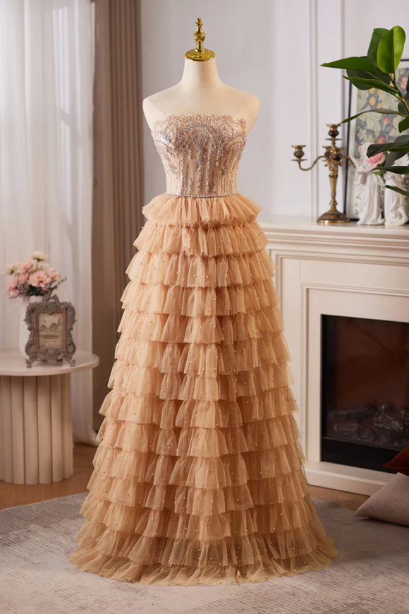 A Line Tulle Lace Champagne Long Prom Dress With Beads PFP2722