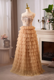 A Line Tulle Lace Champagne Long Prom Dress With Beads PFP2722