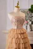 A Line Tulle Lace Champagne Long Prom Dress With Beads PFP2722