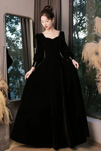 Black Velvet Long Sleeve Party Dress, A Line Floor Length Formal Evening Dress PFP2723