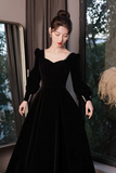 Black Velvet Long Sleeve Party Dress, A Line Floor Length Formal Evening Dress PFP2723