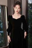 Black Velvet Long Sleeve Party Dress, A Line Floor Length Formal Evening Dress PFP2723