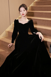 Black Velvet Long Sleeve Party Dress, A Line Floor Length Formal Evening Dress PFP2723