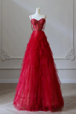 Red Sweetheart Tulle Layers Beaded Straps Prom Dress, Floor Length Party Dress PFP2725