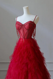 Red Sweetheart Tulle Layers Beaded Straps Prom Dress, Floor Length Party Dress PFP2725