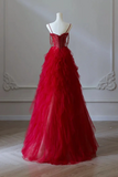 Red Sweetheart Tulle Layers Beaded Straps Prom Dress, Floor Length Party Dress PFP2725