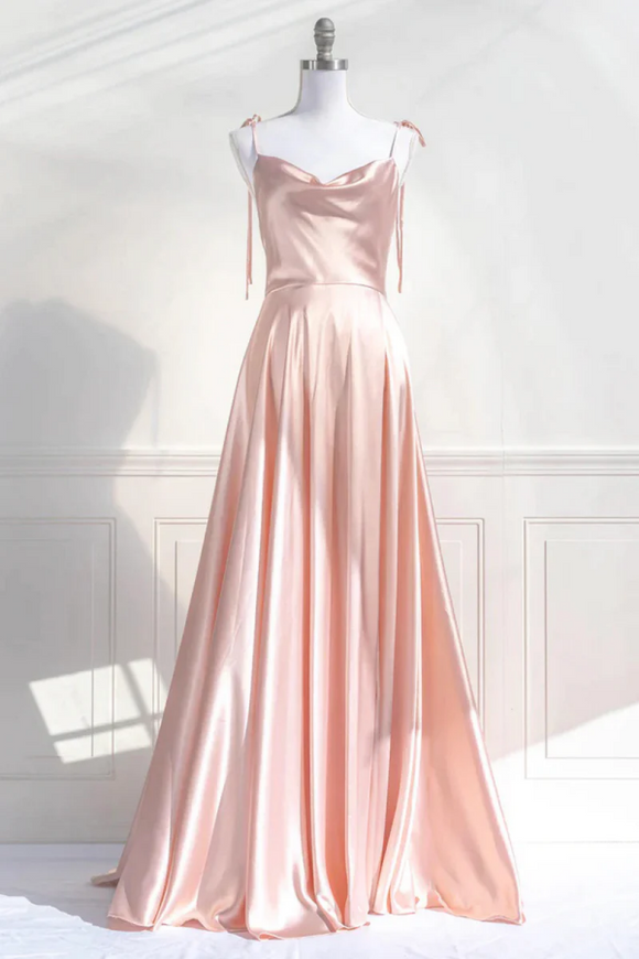 Pink Spaghetti Strap Satin Long Prom Dress, Simple A Line Evening Party Dress PFP2727