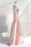 Pink Spaghetti Strap Satin Long Prom Dress, Simple A Line Evening Party Dress PFP2727