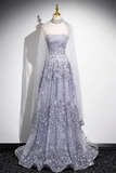 Gray Tulle Sequins Floor Length Prom Dress, Shiny A Line Evening Party Dress PFP2728