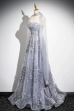 Gray Tulle Sequins Floor Length Prom Dress, Shiny A Line Evening Party Dress PFP2728