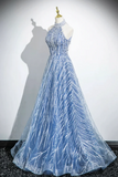 Elegant Tulle Sequins Floor Length Prom Dress, Blue Halter A Line Evening Dress PFP2730