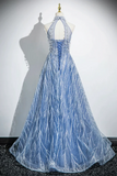 Elegant Tulle Sequins Floor Length Prom Dress, Blue Halter A Line Evening Dress PFP2730