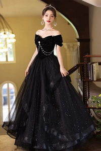 A Line Black Off Shoulder Tulle and Velvet Party Dress, Black Floor Length Prom Dress PFP2731