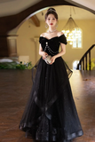 A Line Black Off Shoulder Tulle and Velvet Party Dress, Black Floor Length Prom Dress PFP2731