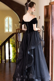 A Line Black Off Shoulder Tulle and Velvet Party Dress, Black Floor Length Prom Dress PFP2731