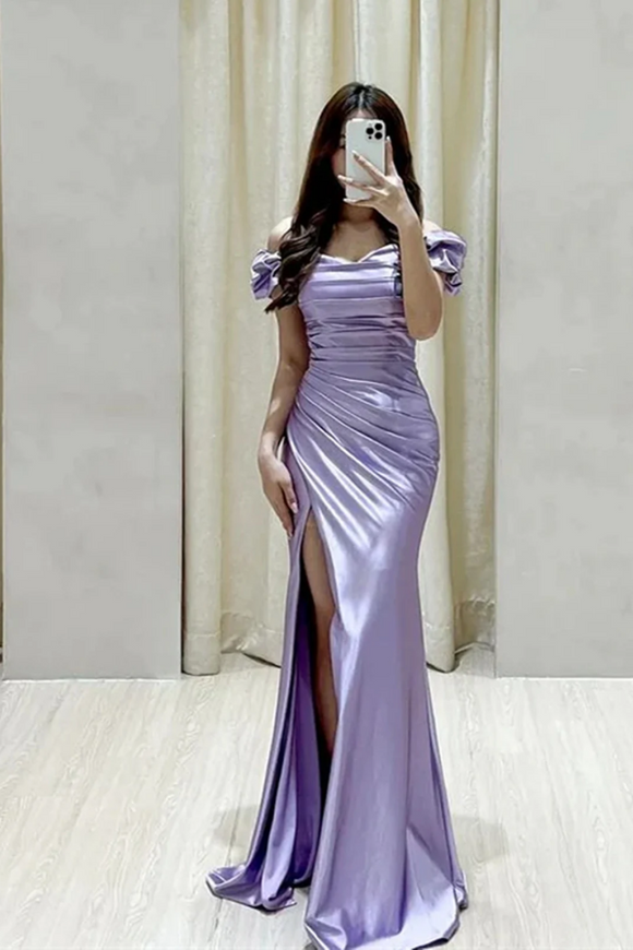 Purple Satin Off Shoulder Floor Length Prom Dress, Purple Sweetheart Formal Dress PFP2732