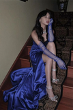 Blue Satin Sweetheart Long Formal Dress, Blue Satin Prom Dress with Leg Slit PFP2733