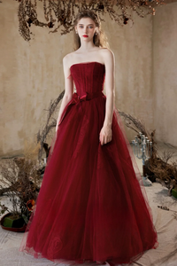 A Line Tulle Lace Burgundy Long Prom Dress, Burgundy Long Graduation Dress PFP2735