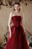 A Line Tulle Lace Burgundy Long Prom Dress, Burgundy Long Graduation Dress PFP2735